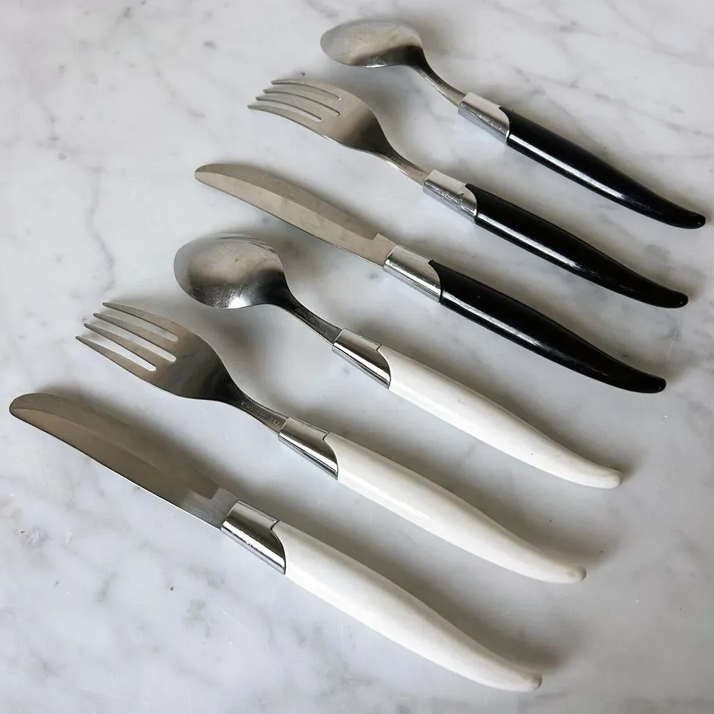 Vintage Robinson Hollow Ground Stainless Steel Silverware Flatware Bk/Wht Handle